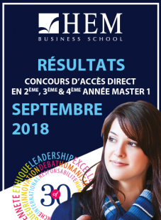 Résultats du Concours d’accès direct en 2ème, 3ème et 4ème année Master 1 - Session de Septembre 2018, HEM Business School 