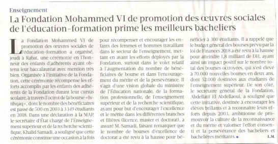 La Fondation Mohamed VI de promotion des œuvres sociales de l’éducation – formation prime les meilleurs bacheliers