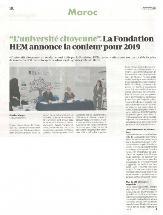L’Université Citoyenne. La Fondation HEM annonce la couleur pour 2019