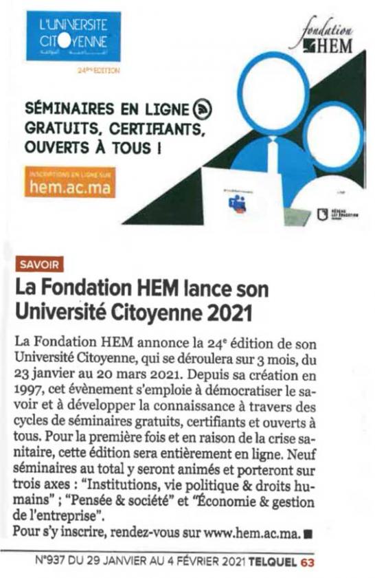 La Fondation HEM lance son Université Citoyenne 2021